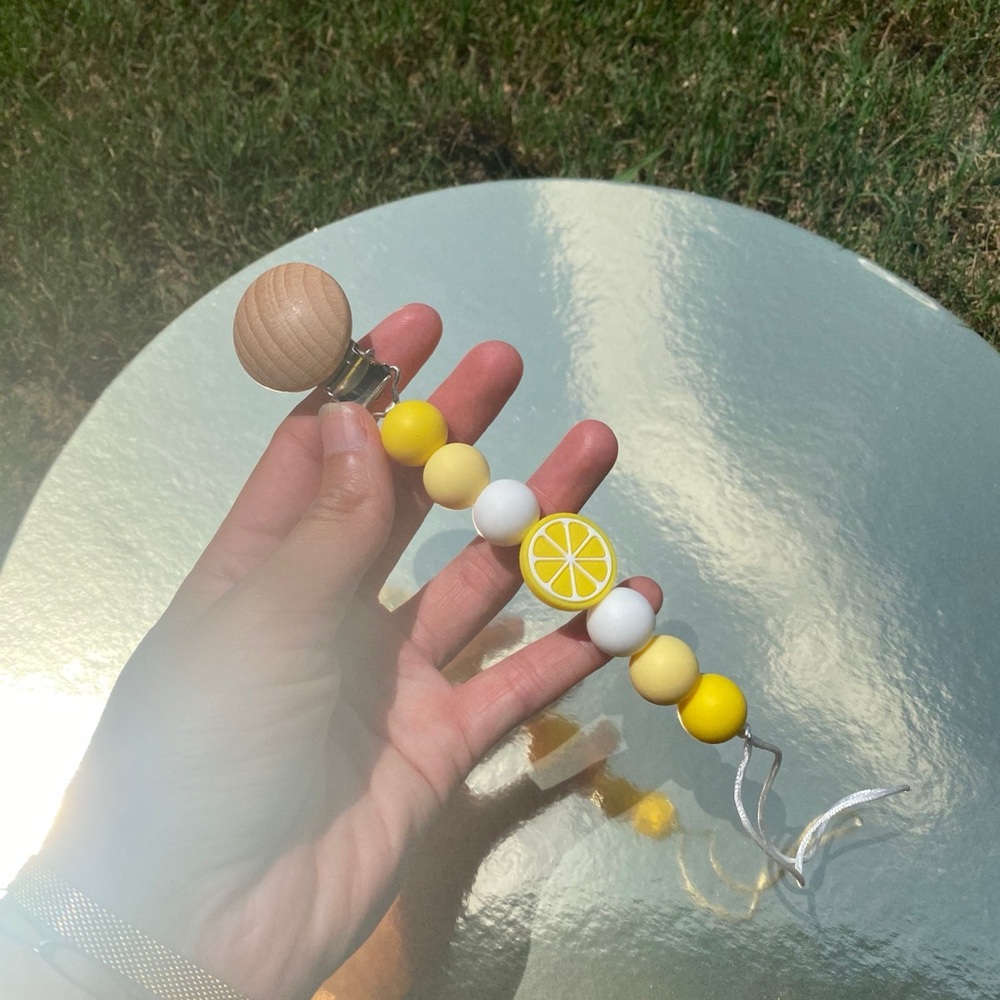 Yellow and White Beaded Pacifier Clip